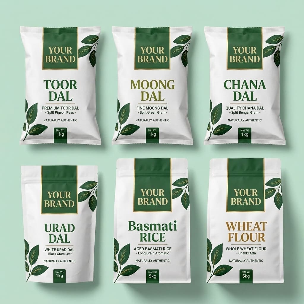 Premium branded food packaging bags – Toor Dal, Moong Dal, Chana Dal, Urad Dal, Rice, Atta
